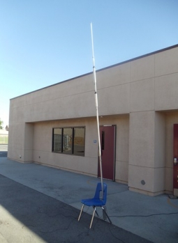 Our Hy-Gain HF Vertical Triband 10/15/20 Meter Antenna outside our classroom.
